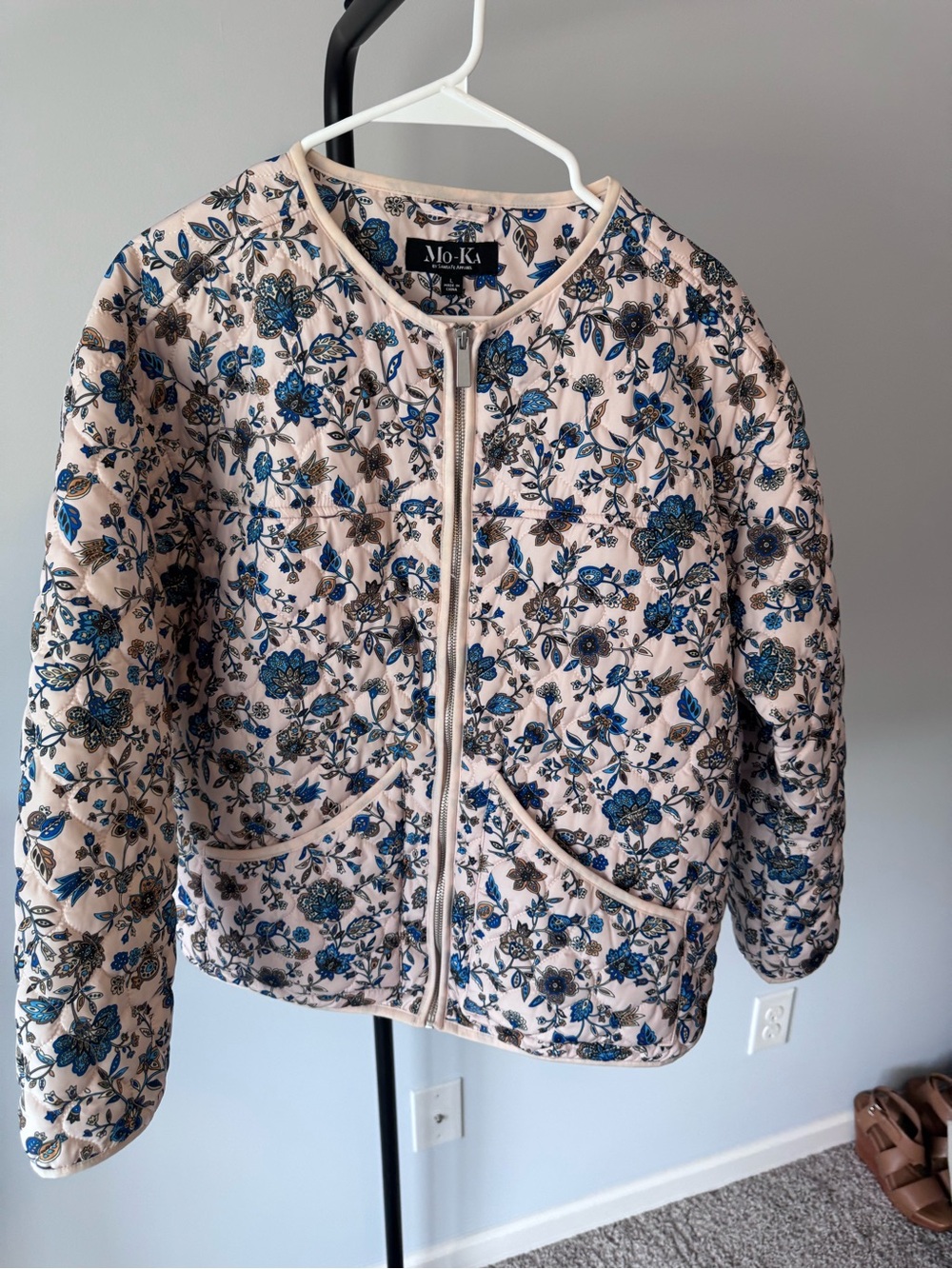 Girls' Quilted Floral Jacket - Light Pink with Blue Floral